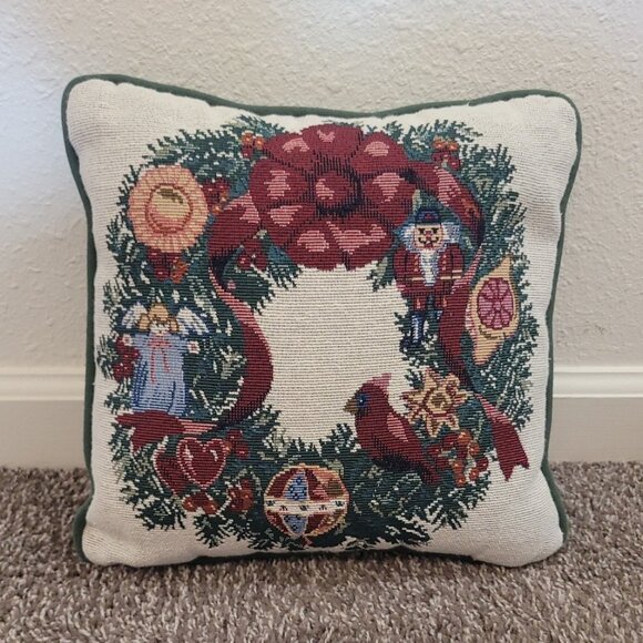 Needlepoint Tapestry Wreath Throw Pillow Nutcracker Angel Cardinal Christmas - Picture 1 of 13